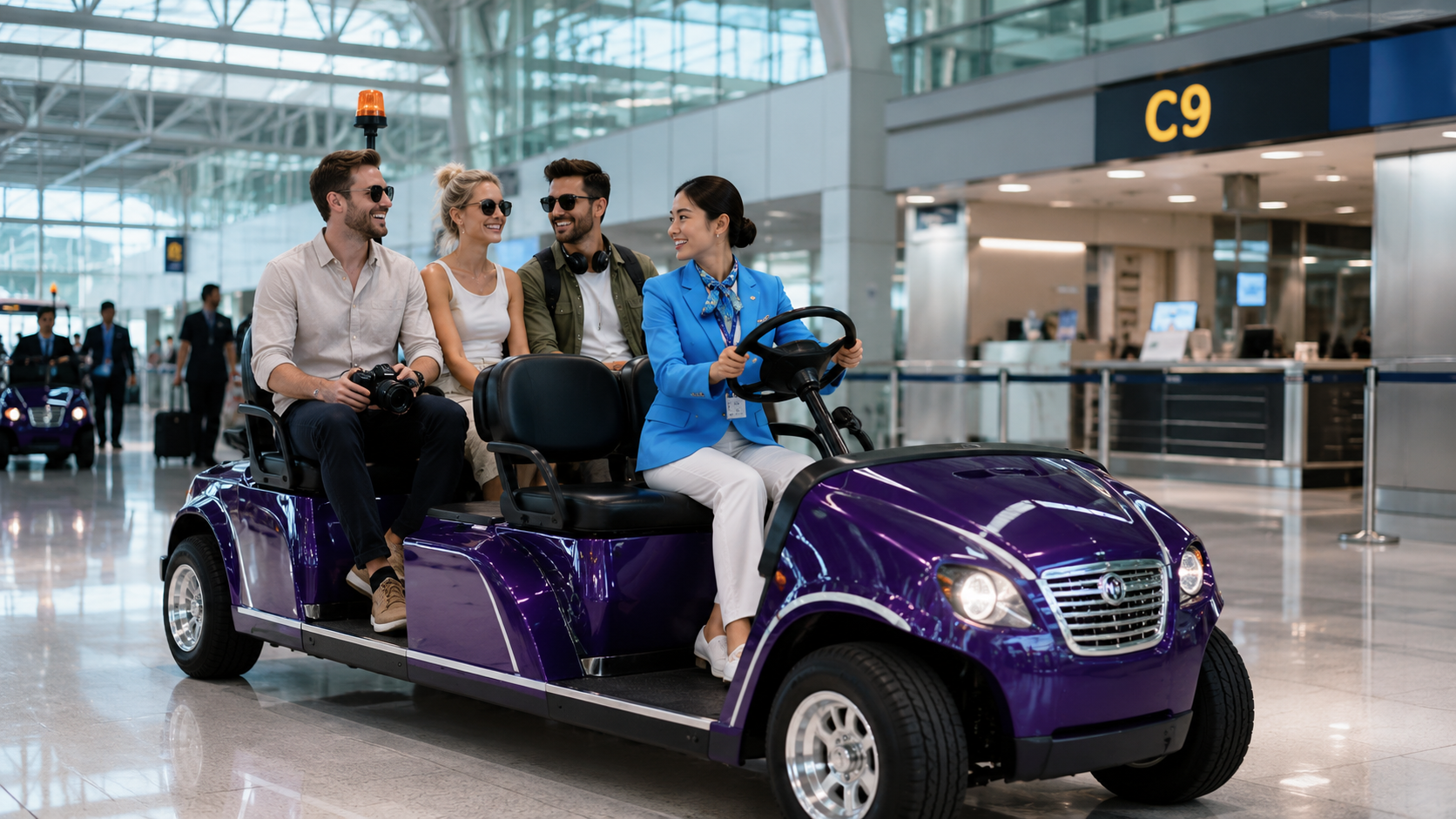 Guests enjoying a private VIP buggy ride at a Bangkok airport gate