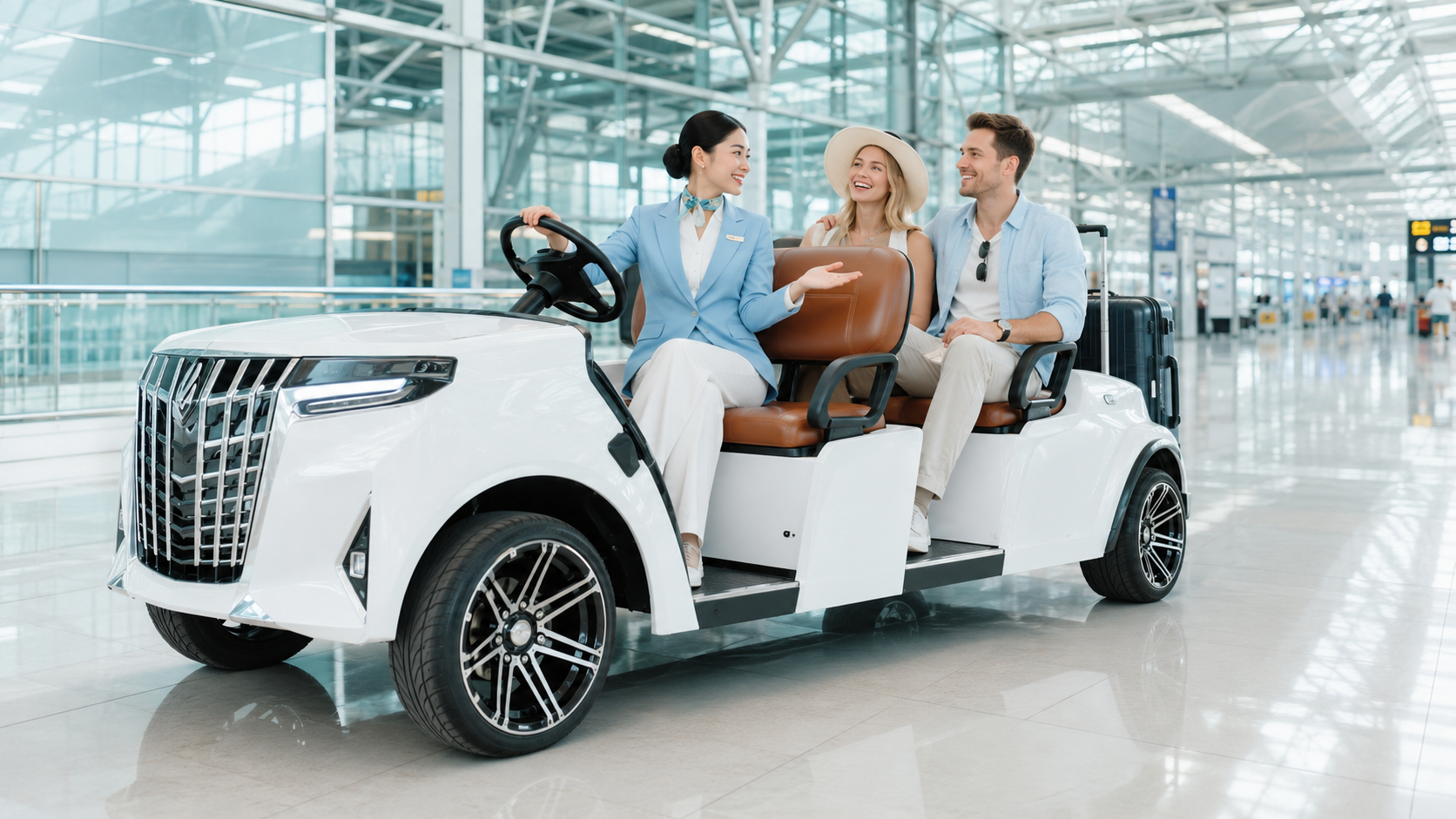 VIP guests escorted by a private buggy car inside a Bangkok airport terminal