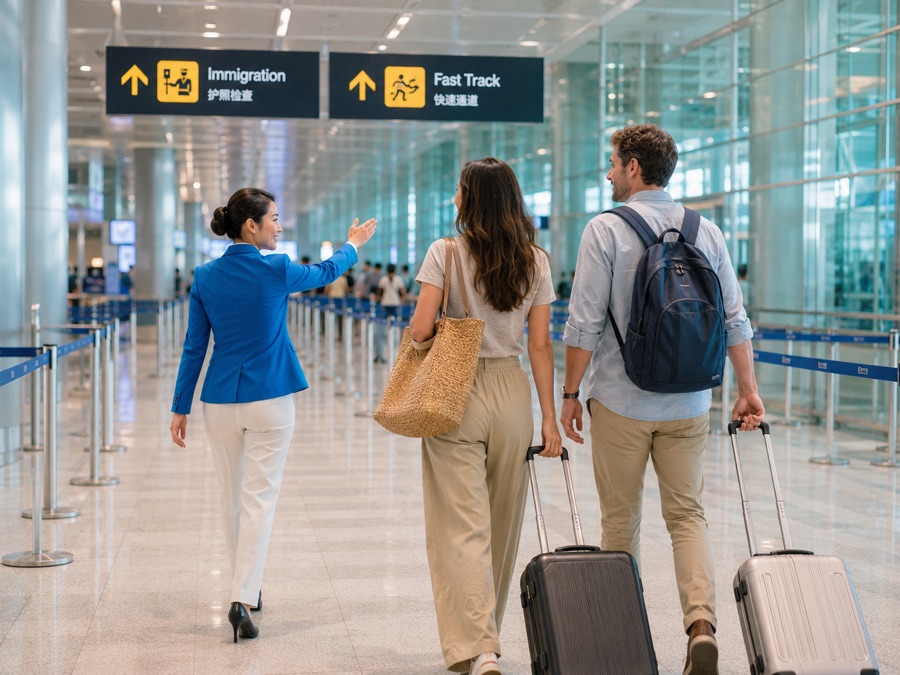 Airport greeter guiding travelers to Immigration and Fast Track lane