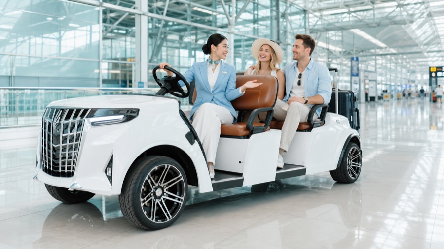Airport greeter driving a premium buggy car for VIP travelers inside the terminal