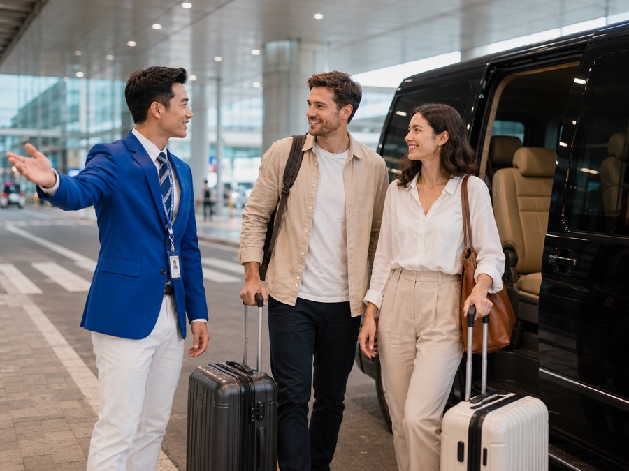 Personal butler greeting travelers next to a private airport transfer van