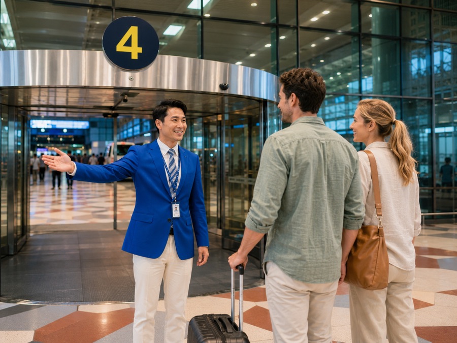 Airport greeter meeting travelers at the terminal entrance for departure