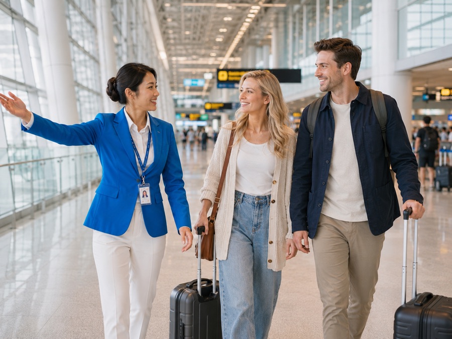 Airport greeter escorting travelers through the terminal to a connecting flight